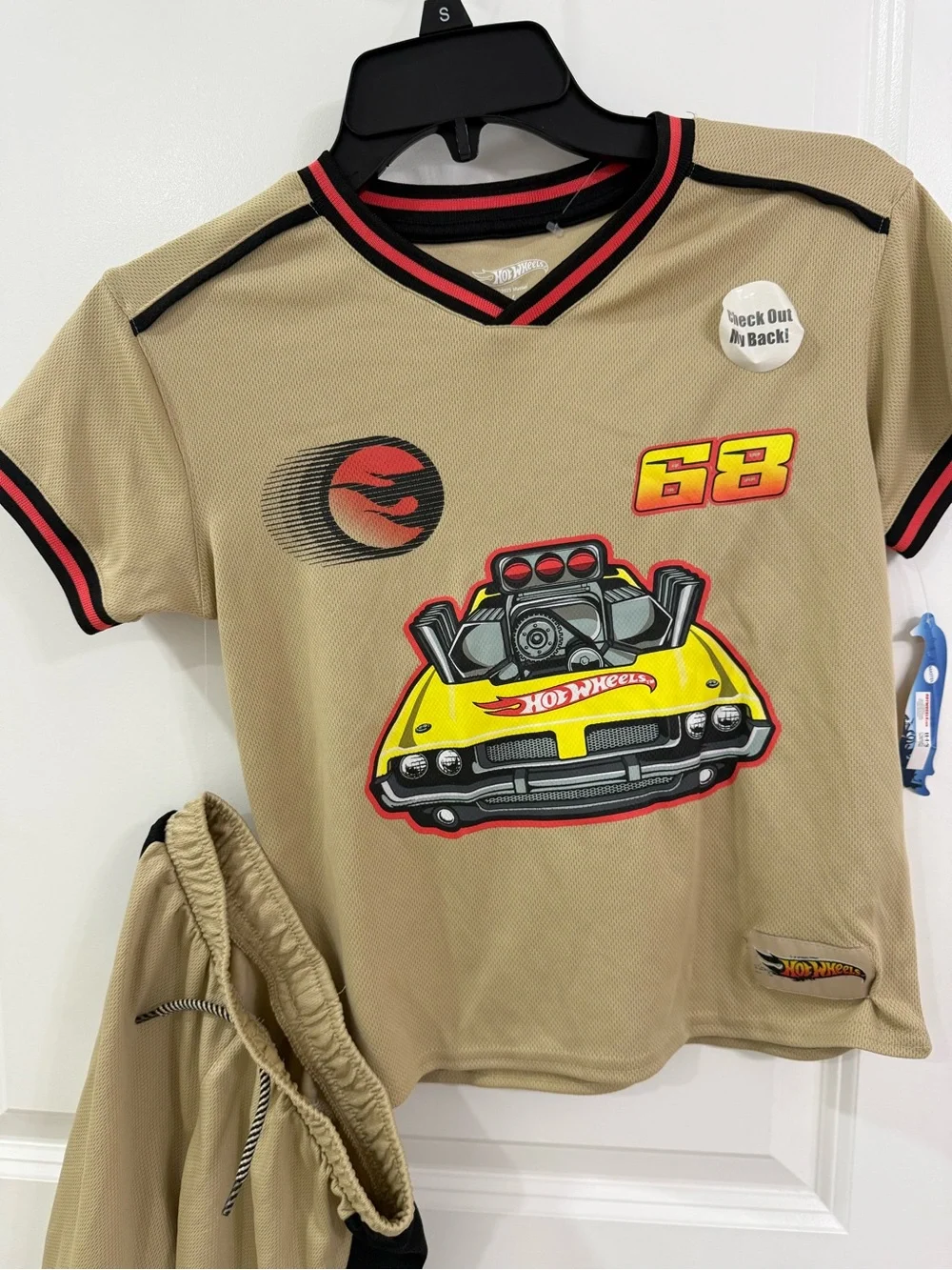Tan Short-Sleeve Kids Racing Tee with Yellow Car Graphic
